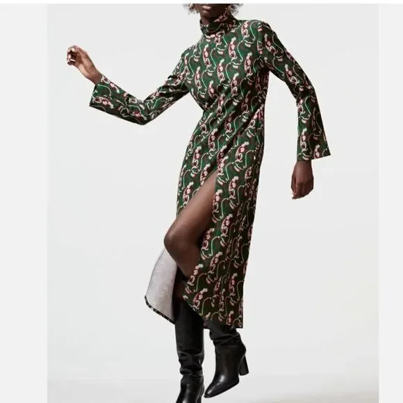 NWT Blogger Fav ZARA Retro PRINTED MIDI DRESS GREEN Sz M - Picture 5 of 12